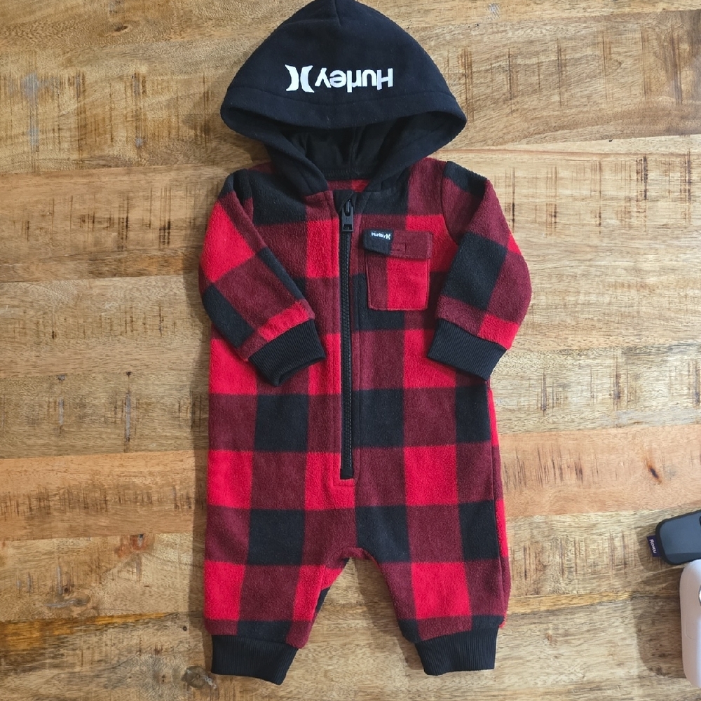 Hurley Buffalo Red and Black Checkered Baby Onesie Pajamas